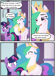 Size: 1606x2200 | Tagged: safe, artist:fillyfool, derpibooru exclusive, imported from derpibooru, princess celestia, twilight sparkle, alicorn, pony, blushing, comic, confession, duo, female, implied pedophilia, lesbian, scrunchy face, shipping, show accurate, twilestia, twilight sparkle (alicorn)