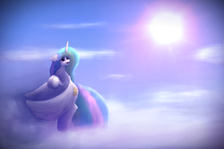 Size: 2853x1896 | Tagged: safe, artist:gosha305, imported from derpibooru, princess celestia, pony, chest fluff, cloud, ear fluff, female, flowing mane, fluffy, flying, flying upwards, horn, lineless, mare, sky, smiling, solo, sun