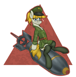 Size: 1483x1503 | Tagged: safe, artist:gantarts, imported from derpibooru, oc, oc only, oc:nazaretta, earth pony, abstract background, belt, bomb, clothes, female, glasses, looking at you, mare, military uniform, pinup, riding a bomb, simple background, sitting, smiling, smirk, socks, stockings, thigh highs, transparent background, triangle, uniform, uniform hat, weapon