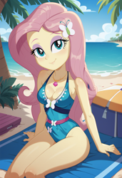 Size: 1664x2432 | Tagged: safe, imported from derpibooru, fluttershy, human, equestria girls, ai content, ai generated, bare shoulders, beach, breasts, busty fluttershy, clothes, female, generator:pony diffusion v6 xl, generator:stable diffusion, looking at you, ocean, one-piece swimsuit, outdoors, palm, palm tree, palms, prompter:kimberlite, sleeveless, smiling, smiling at you, solo, solo female, swimsuit, tree, water