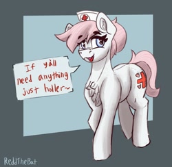 Size: 1885x1840 | Tagged: safe, artist:reddthebat, imported from derpibooru, nurse redheart, earth pony, pony, blue background, chest fluff, dark blue background, dialogue, eyebrows, eyebrows visible through hair, female, looking at you, mare, open mouth, open smile, passepartout, signature, simple background, smiling, smiling at you, solo, speech bubble, y'all