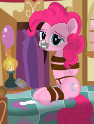 Size: 2200x2905 | Tagged: safe, artist:cardshark777, imported from derpibooru, pinkie pie, earth pony, pony, my little pony: the movie, alone, balloon, bed, bondage, bound and gagged, closet, clothes, crotch rope, duct tape, feather, female, femsub, gag, head tilt, helpless, hooves behind back, lamp, lidded eyes, looking at you, mare, pinkie's bedroom, pinkiesub, rope, rope bondage, shading, sitting, solo, submissive, table, tape, tape gag, tied up, window