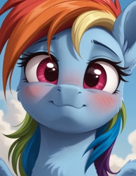 Size: 1120x1440 | Tagged: safe, imported from derpibooru, rainbow dash, pegasus, pony, ai content, ai generated, blushing, bust, chest fluff, cute, daaaaaaaaaaaw, ear fluff, female, generator:pony diffusion v6 xl, generator:stable diffusion, head tilt, looking at you, mare, prompter:ramprover, smiling, smiling at you, solo