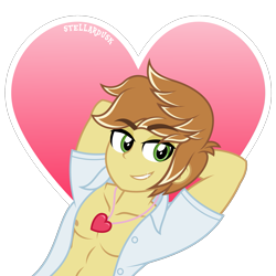 Size: 1701x1701 | Tagged: safe, artist:stellardusk, imported from derpibooru, feather bangs, equestria girls, abs, arm behind head, bedroom eyes, brown hair, clothes, commission, eyebrows, eyebrows visible through hair, gradient background, green eyes, heart, heart background, heart necklace, jewelry, looking at you, male, male nipples, necklace, nipples, nudity, open clothes, open shirt, outline, pecs, shiny teeth, show accurate, signature, simple background, smiling, solo, teeth, transparent background, unbuttoned, upper body, vector, white outline, white shirt, yellow skin