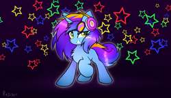 Size: 2800x1600 | Tagged: safe, artist:rejiser, imported from derpibooru, oc, oc only, pony, unicorn, chest fluff, dark background, ear fluff, female, glasses, headphones, horn, raised hoof, raised tail, simple background, smiling, solo, stars, tail