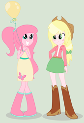 Size: 2592x3792 | Tagged: safe, artist:ponyportal, imported from derpibooru, oc, oc only, oc:applefluff, oc:flutter free, human, equestria girls, 2015, balloon, boots, clothes, cowboy hat, duo, duo female, equestria girls oc, equestria girls-ified, female, freckles, green background, grin, hat, high heel boots, jacket, magical lesbian spawn, offspring, old art, shirt, shoes, simple background, skirt, smiling, vest