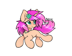 Size: 1900x1500 | Tagged: safe, artist:rejiser, imported from derpibooru, oc, oc only, pony, unicorn, chest fluff, ear fluff, female, flower, horn, jewelry, necklace, raised hoof, simple background, solo, tail, white background