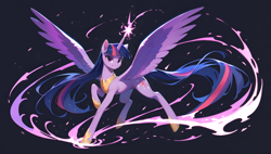 Size: 3840x2176 | Tagged: safe, imported from derpibooru, twilight sparkle, alicorn, pony, ai content, ai generated, concave belly, female, full body, generator:tponynai3, glowing, glowing horn, horn, long horn, long mane, long tail, magic, mare, pose, prompter:truekry, slender, solo, spread wings, tail, thin, twilight sparkle (alicorn), wallpaper, wings