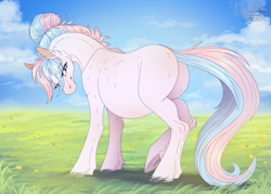 Size: 1600x1143 | Tagged: source needed, safe, artist:sunny way, imported from derpibooru, oc, oc:bundle joy, cloud, emanata, field, looking at self, looking at someone, looking back, missing cutie mark, pregnant