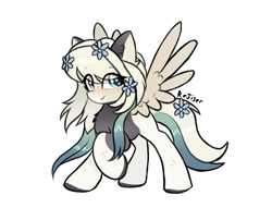 Size: 2100x1700 | Tagged: safe, artist:rejiser, imported from derpibooru, oc, oc only, pegasus, pony, chest fluff, ear fluff, female, flower, flower in hair, flower in tail, long hair, looking at you, raised hoof, smiling, solo, spread wings, tail, wings