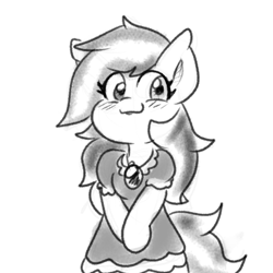 Size: 900x900 | Tagged: safe, artist:zutcha, imported from derpibooru, oc, oc only, earth pony, pony, bipedal, black and white, blush lines, blushing, clothes, dress, female, grayscale, mare, monochrome, smiling, solo