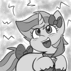 Size: 900x900 | Tagged: safe, artist:zutcha, imported from derpibooru, oc, oc only, pony, unicorn, bell, bell collar, black and white, blush lines, blushing, bow, collar, female, grayscale, hair bow, horn, looking up, mare, monochrome, open mouth, open smile, smiling, solo, tail, tail bow, unshorn fetlocks