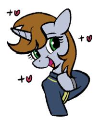 Size: 480x582 | Tagged: safe, artist:brella, imported from derpibooru, oc, oc:littlepip, pony, unicorn, fallout equestria, bust, female, heart, hoof on chest, horn, mare, open mouth, outline, portrait, simple background, smiling, solo, transparent background, white outline