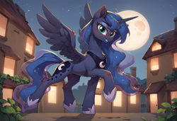 Size: 2432x1664 | Tagged: safe, imported from derpibooru, princess luna, alicorn, pony, ai content, ai generated, flying, generator:stable diffusion, happy, looking at you, moon, nature, night, prompter:kimberlite, solo, town