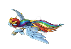 Size: 1280x889 | Tagged: safe, artist:emmaneiac, imported from derpibooru, rainbow dash, pegasus, pony, deviantart watermark, female, flying, mare, obtrusive watermark, simple background, solo, spread wings, transparent background, watermark, windswept mane, wings