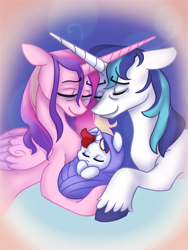 Size: 1536x2048 | Tagged: safe, artist:cloud-roots, imported from derpibooru, princess cadance, shining armor, oc, oc:prince scarlet heart, alicorn, pony, unicorn, baby, baby pony, colt, crossed horns, eyes closed, family, female, foal, horn, horns are touching, male, mare, nuzzling, offspring, parent:princess cadance, parent:shining armor, parents:shiningcadance, shiningcadance, shipping, stallion, story included, straight, trio