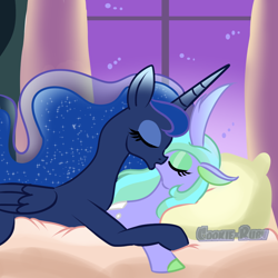 Size: 1024x1024 | Tagged: safe, imported from derpibooru, princess luna, queen chrysalis, alicorn, changedling, changeling, pony, bed, changedling queen, chrysaluna, duo, duo female, eyes closed, female, kissing, lesbian, pillow, purified chrysalis, shipping, window