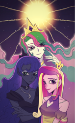 Size: 1910x3124 | Tagged: safe, artist:nimingxiwang168, imported from derpibooru, princess cadance, princess celestia, princess luna, human, equestria girls, alicorn triarchy, clothes, dress, female, heart, heart eyes, looking at you, night, royal sisters, siblings, sisters, smiling, wingding eyes