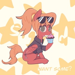 Size: 1954x1954 | Tagged: safe, artist:yuanzuowuzhedegou, imported from derpibooru, pegasus, pony, abstract background, clothes, cupcake, eating, female, food, mare, orange mane, red coat, shirt, solo, sunglasses