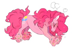 Size: 1022x653 | Tagged: safe, artist:hoofpeet, imported from derpibooru, pinkie pie, earth pony, eyes closed, simple background, stretching, unshorn fetlocks