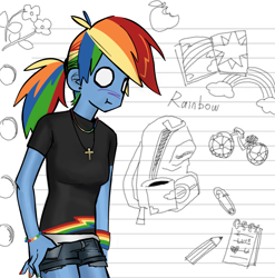 Size: 2283x2311 | Tagged: safe, artist:yuanzuowuzhedegou, imported from derpibooru, rainbow dash, human, :t, blue skin, breasts, clothes, female, humanized, multicolored hair, rainbow hair, shirt, shorts, solo