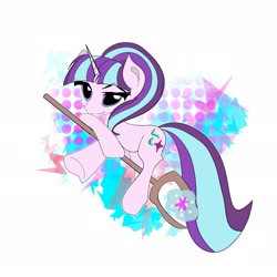 Size: 1789x1789 | Tagged: safe, artist:thegaptrixie, imported from derpibooru, starlight glimmer, pony, unicorn, abstract background, female, horn, mare, riding, simple background, solo, staff, white background