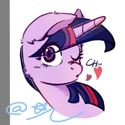 Size: 1239x1239 | Tagged: safe, artist:bluestarpipixing, imported from derpibooru, twilight sparkle, pony, unicorn, blowing a kiss, bust, chu, female, heart, horn, mare, one eye closed, portrait, solo