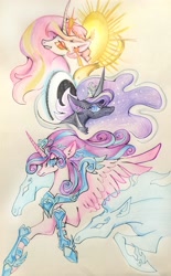 Size: 2670x4307 | Tagged: safe, artist:r-cang, imported from derpibooru, princess celestia, princess luna, alicorn, colored pencil drawing, female, mare, traditional art, trio, trio female