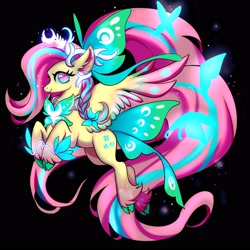 Size: 3402x3402 | Tagged: safe, artist:r-cang, imported from derpibooru, fluttershy, butterfly, pegasus, pony, black background, simple background, smiling, solo