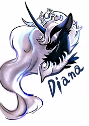 Size: 2480x3508 | Tagged: safe, artist:r-cang, imported from derpibooru, oc, oc only, oc:diana, pony, unicorn, black coat, bust, horn, jewelry, necklace, not luna, simple background, solo, white background