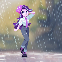 Size: 1024x1024 | Tagged: safe, imported from derpibooru, starlight glimmer, equestria girls, ai content, ai generated, beanie, clothes, generator:pony diffusion v6 xl, generator:purplesmart.ai, generator:stable diffusion, hat, looking at you, necktie, open mouth, open smile, pants, prompter:jesterofdestiny, rain, ripped pants, shirt, shoes, smiling, solo, torn clothes, wet clothes, wet hair