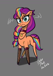 Size: 1240x1754 | Tagged: safe, artist:jully-park, imported from derpibooru, sunny starscout, earth pony, pony, clothes, fishnet clothing, fishnets, g5, goth, gray background, mane stripe sunny, simple background, socks, solo, stockings, thigh highs