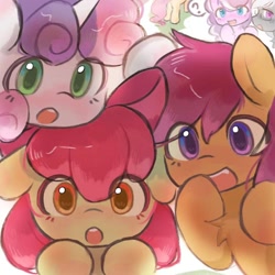 Size: 1080x1080 | Tagged: safe, artist:xinjinjumin239813620360, imported from derpibooru, apple bloom, diamond tiara, scootaloo, silver spoon, sweetie belle, earth pony, pegasus, pony, unicorn, adorabloom, crusaderbetes, cute, cutealoo, cutie mark crusaders, diasweetes, female, filly, foal, horn, looking at you, open mouth, question mark, simple background, speech bubble, white background