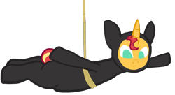 Size: 2401x1310 | Tagged: safe, artist:wissle, imported from derpibooru, sunset shimmer, pony, unicorn, bodysuit, catsuit, clothes, female, hanging, horn, mare, mission impossible, newbie artist training grounds, rope, simple background, sneaking suit, solo, spy, suspended, transparent background