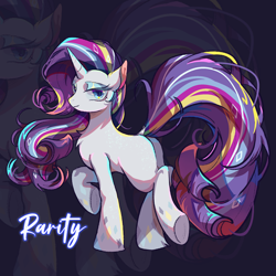 Size: 2048x2048 | Tagged: safe, artist:tkotu434, imported from derpibooru, rarity, pony, unicorn, abstract background, female, horn, mare, rainbow power, raised hoof, solo, text