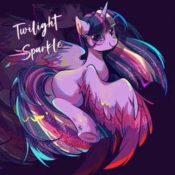 Size: 1080x1080 | Tagged: safe, artist:tkotu434, imported from derpibooru, twilight sparkle, alicorn, pony, abstract background, female, mare, rainbow power, solo, spread wings, text, twilight sparkle (alicorn), wings