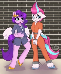 Size: 2500x3000 | Tagged: safe, artist:hallie_spaniel, imported from derpibooru, pipp petals, zipp storm, anthro, unguligrade anthro, belly, belly button, bound wings, brick wall, clothes, commissioner:rainbowdash69, cuffs, front knot midriff, g5, midriff, never doubt rainbowdash69's involvement, police uniform, prison outfit, prisoner, prisoner zipp, shackles, wing cuffs, wings