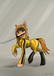 Size: 2150x3035 | Tagged: safe, artist:kirieshka, imported from derpibooru, earth pony, pony, boots, clothes, costume, green eyes, katana, kill bill, shoes, suit, sword, weapon, yellow