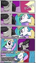 Size: 1600x2817 | Tagged: safe, artist:bestponies, imported from derpibooru, octavia melody, princess celestia, alicorn, earth pony, pony, comic:equestria six shadows, ..., angry, bed, bedroom, comic, crown, dialogue, female, grin, jewelry, mare, open mouth, open smile, pillow, poof, regalia, sleeping, smiling, teleportation, window