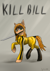 Size: 2150x3035 | Tagged: safe, alternate version, artist:kirieshka, imported from derpibooru, earth pony, pony, boots, clothes, costume, katana, kill bill, shoes, suit, sword, title, weapon