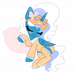 Size: 6890x6890 | Tagged: safe, artist:riofluttershy, imported from derpibooru, oc, oc only, oc:fleurbelle, alicorn, pony, alicorn oc, blushing, bow, clothes, cute, eye mask, eyes closed, female, heart, horn, mare, pajamas, pillow, pink bow, simple background, sleeping, socks, solo, tail, two toned hair, two toned mane, two toned tail, white background, wings