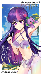 Size: 1080x1920 | Tagged: safe, artist:andantino75, imported from derpibooru, twilight sparkle, dragon, human, equestria girls, anime style, armpits, bar, beach, bikini, clothes, cloud, cute, female, g4, glasses, looking at you, mare, ocean, photo, purple eyes, sand, sky, smiling, solo, summer, swimsuit, water