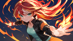 Size: 3840x2176 | Tagged: safe, imported from derpibooru, sunset shimmer, human, equestria girls, ai content, ai generated, clothes, fire, generator:tponynai3, jacket, leather, leather jacket, magic, prompter:truekry, simple background, wallpaper