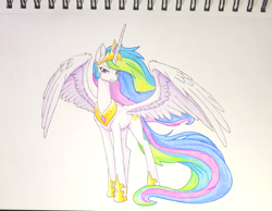 Size: 2859x2217 | Tagged: safe, artist:sierraex, imported from derpibooru, princess celestia, alicorn, pony, colored pencil drawing, crown, female, high res, hoof shoes, jewelry, mare, peytral, photo, princess shoes, regalia, simple background, sketchpad, solo, spread wings, traditional art, white background, wings