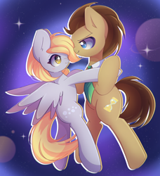 Size: 2600x2850 | Tagged: safe, artist:miryelis, imported from derpibooru, derpy hooves, doctor whooves, time turner, earth pony, pegasus, pony, background pony, clothes, cute, doctorderpy, duo, duo male and female, female, full body, holding hooves, looking at each other, looking at someone, male, shipping, smiling, space, sparkles, spread wings, straight, wings