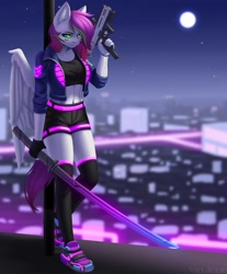 Size: 1700x2050 | Tagged: safe, artist:villjulie, imported from derpibooru, oc, oc:ellie berryheart, anthro, pegasus, city, clothes, cyberpunk, female, green eyes, gun, implants, jacket, katana, light, moon, neon, night, roof, serious, shoes, shorts, sneakers, solo, stars, sword, weapon, white wings, wings