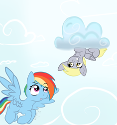 Size: 1700x1805 | Tagged: safe, artist:flutterbug18, imported from derpibooru, derpy hooves, rainbow dash, pegasus, pony, cloud, confused, derpy being derpy, duo, female, flying, mare, sky, smiling, upside down, waving