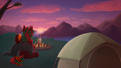 Size: 3840x2160 | Tagged: safe, artist:sevenserenity, imported from derpibooru, oc, oc only, oc:ambrosia firehoof, oc:explosivepone, campfire, camping, duo, fire, hug, mountain, oc x oc, scenery, shipping, tent, tree, winghug, wings