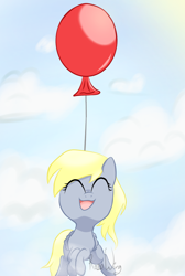 Size: 992x1480 | Tagged: safe, artist:flutterbug18, imported from derpibooru, derpy hooves, pegasus, pony, balloon, cloud, cute, derpabetes, eyes closed, female, flying, mare, open mouth, open smile, sky, smiling, solo