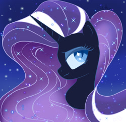 Size: 1280x1236 | Tagged: safe, artist:flutterbug18, imported from derpibooru, nightmare rarity, pony, unicorn, blue eyes, bust, colored pupils, cute, ethereal mane, eyelashes, female, flowing mane, happy, horn, lidded eyes, looking at you, mare, portrait, purple mane, smiling, smiling at you, solo, sparkles, starry mane, starry night, stars